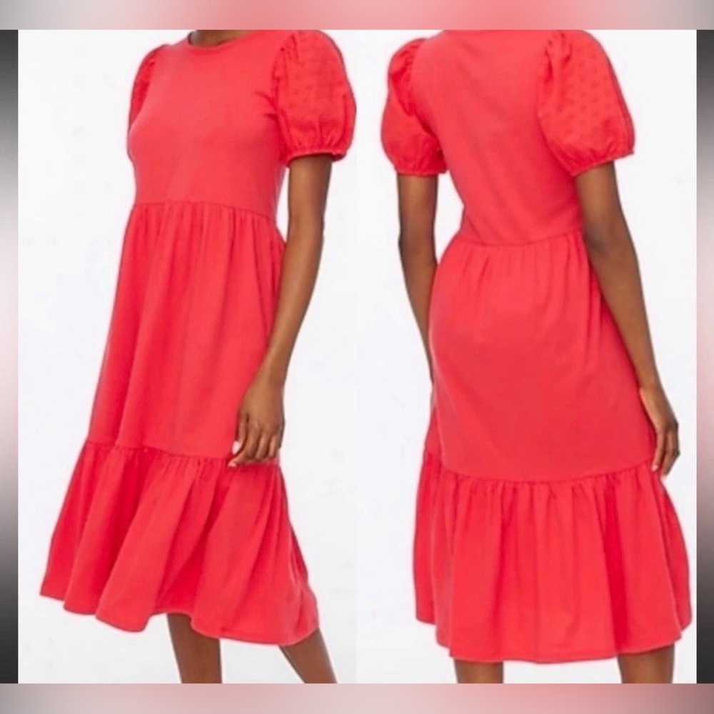 J Crew Pullover Midi Dress Size Medium Coral Red Eyelet Sleeve